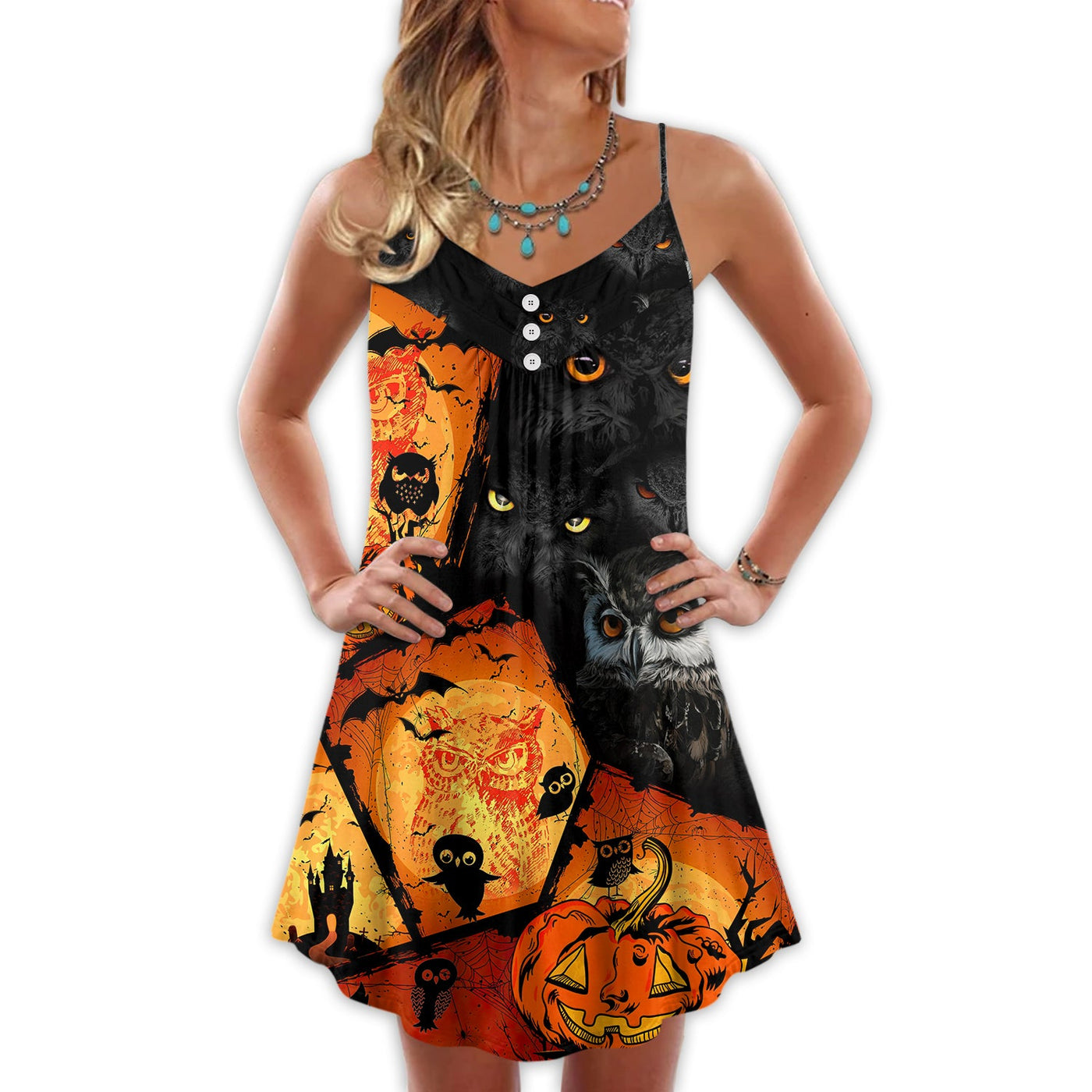 Halloween Owl Pumpkin Scary - V-neck Sleeveless Cami Dress - Owls Matrix LTD