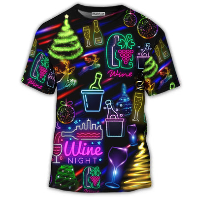 S Wine Christmas Neon Art Drinking - Round Neck T-shirt - Owls Matrix LTD
