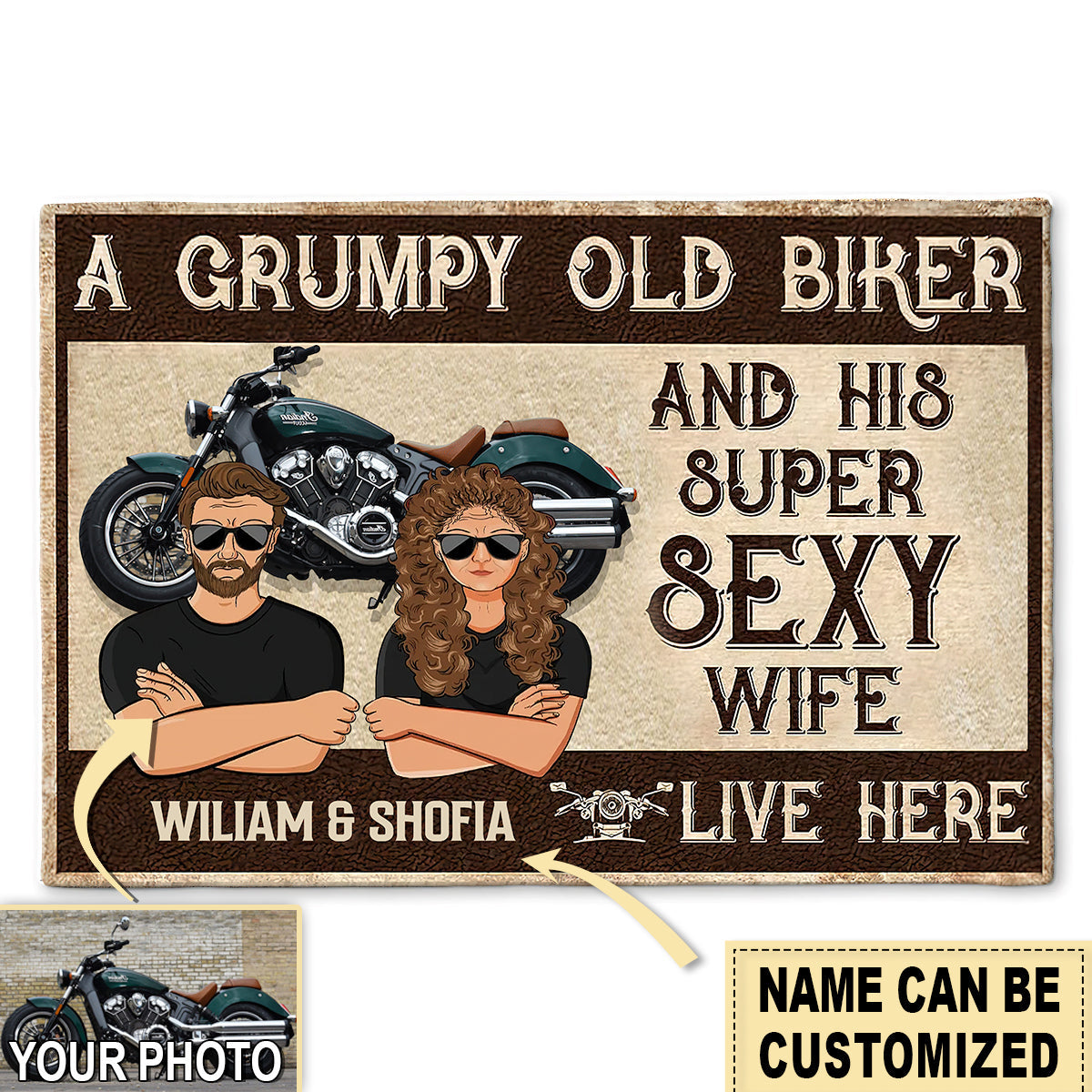 S ( 16X24 INCHES ) Biker Custom Doormat Grumpy Old Biker And His Super Sexy Wife Live Here Personalized - Doormat - Owls Matrix LTD