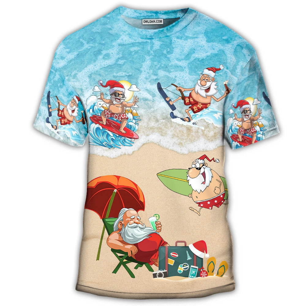 S Christmas Santa Play On Beach - Round Neck T-shirt - Owls Matrix LTD