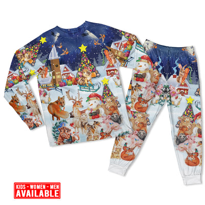 Women / S Christmas Happy Animals Merry Xmas - Pajamas Long Sleeve - Owls Matrix LTD