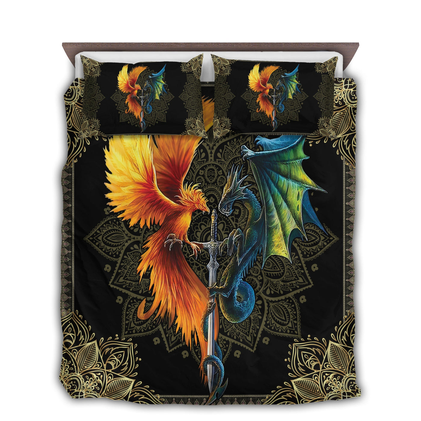 US / Twin (68" x 86") Dragon And Phoenix Sword - Bedding Cover - Owls Matrix LTD