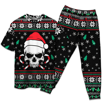 T-shirt + Pants / S Christmas Skull Wearing Santa Claus Hat And Sweat Candy - Pajamas Short Sleeve - Owls Matrix LTD