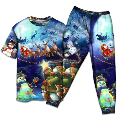 T-shirt + Pants / S Christmas Rudolph Santa Claus Reindeer Snowman Light Art Style - Pajamas Short Sleeve - Owls Matrix LTD