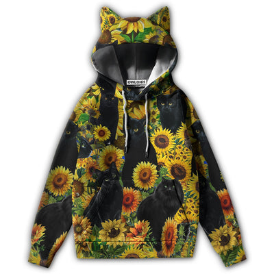 S Black Cat Love Sunflower - Ears Hoodie - Owls Matrix LTD