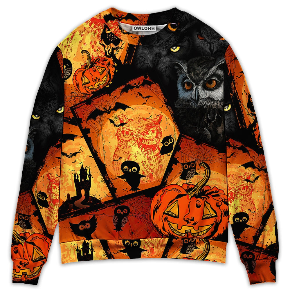 Sweater / S Halloween Owl Pumpkin Scary - Sweater - Ugly Christmas Sweaters - Owls Matrix LTD