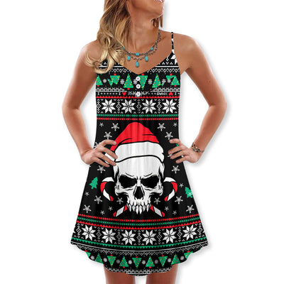 Christmas Skull Wearing Santa Claus Hat And Sweat Candy - V-neck Sleeveless Cami Dress - Owls Matrix LTD