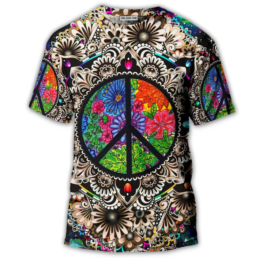 S Hippie Peace Sign Galaxy - Round Neck T-shirt - Owls Matrix LTD