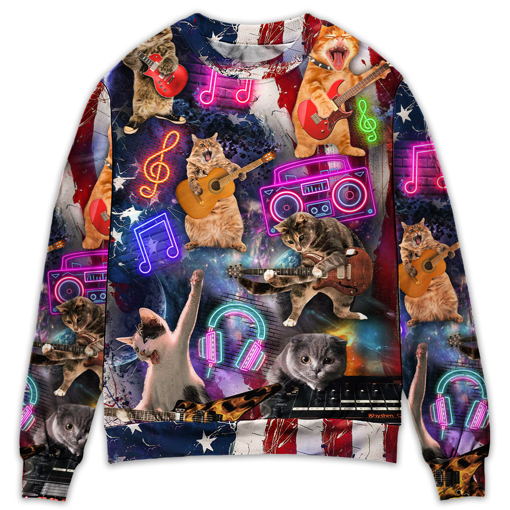 Sweater / S Cat Independence Day Cat Rocker Happy - Sweater - Ugly Christmas Sweaters - Owls Matrix LTD