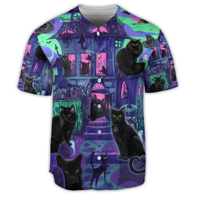 S Black Cat In A Haunted House - Baseball Jersey - Owls Matrix LTD