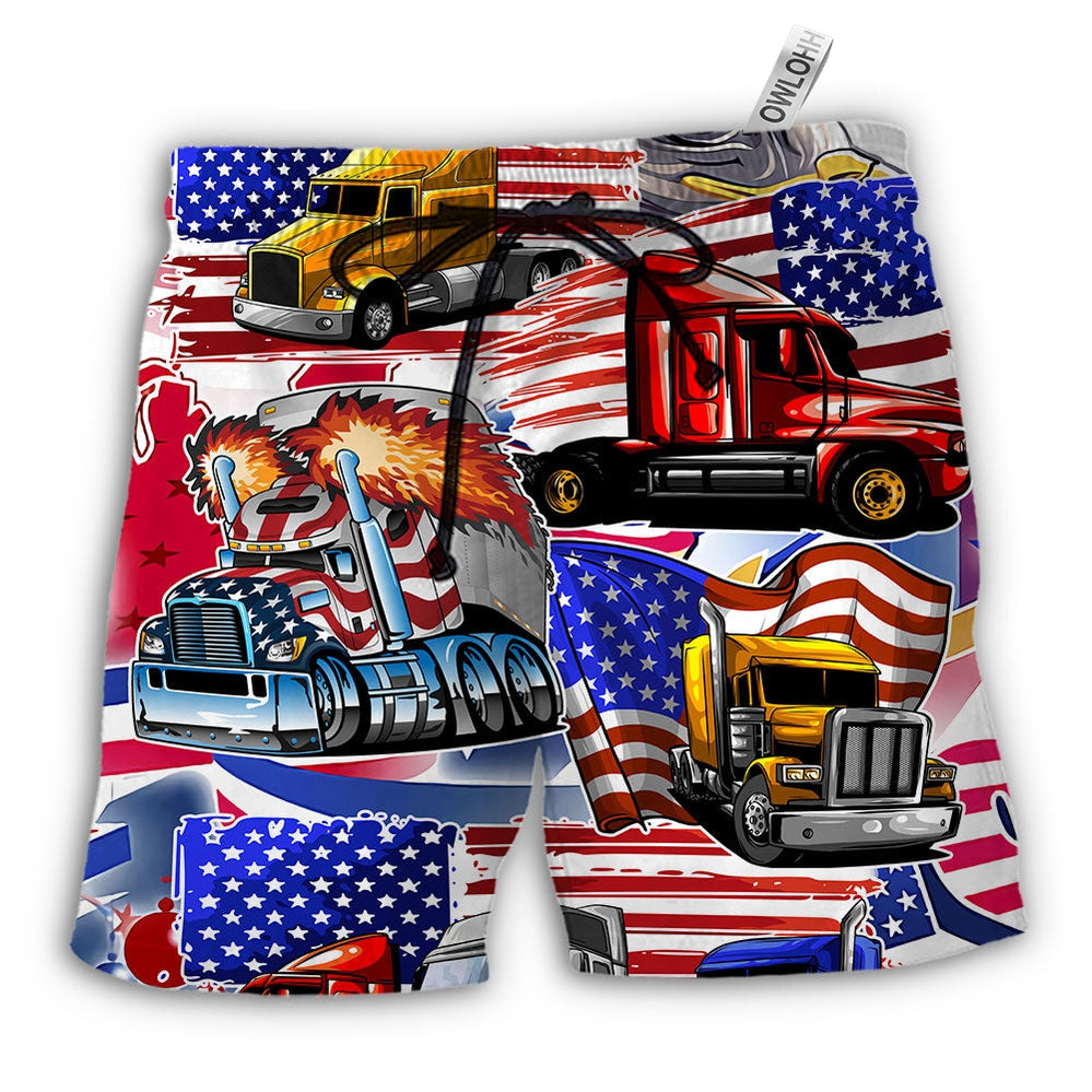 Beach Short / Adults / S Truck USA Flag Independence Day - Beach Short - Owls Matrix LTD