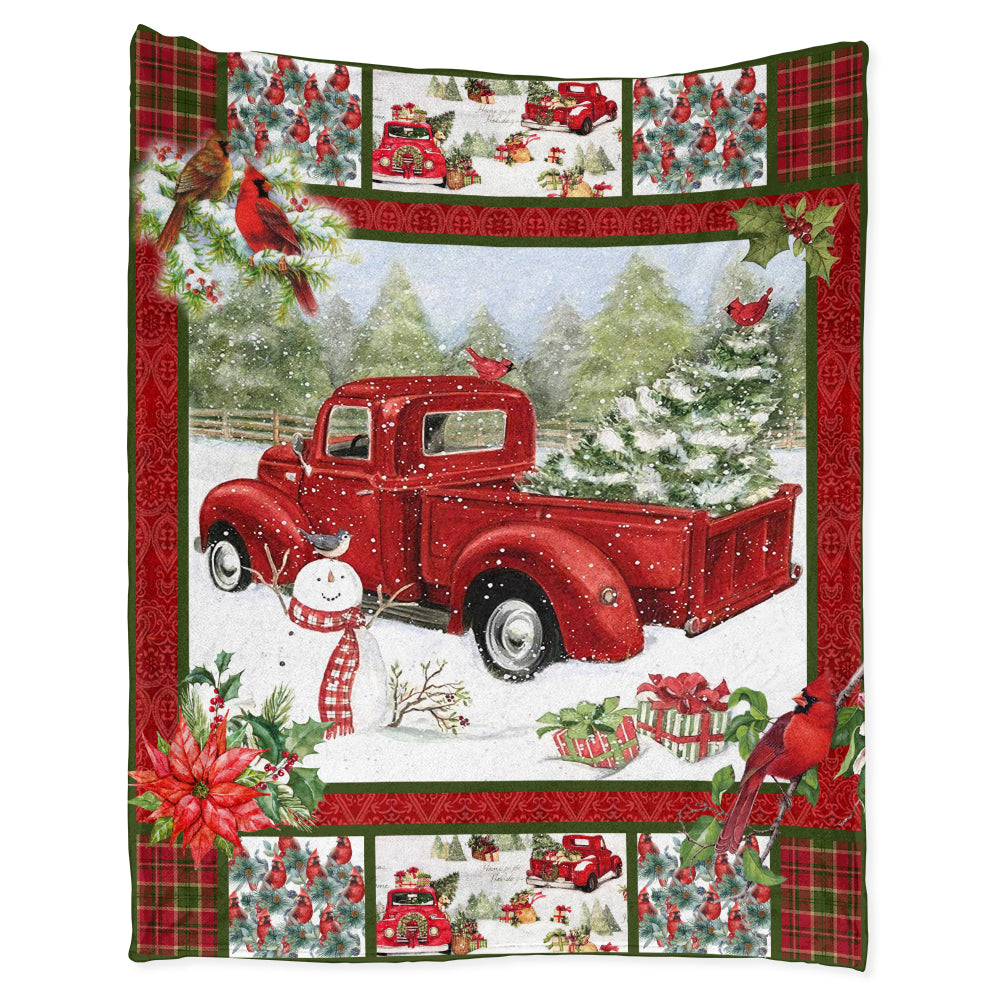 Flannel Blanket / 50" x 60" Cardinal Red Truck Merry Christmas Snowman - Flannel Blanket - Owls Matrix LTD