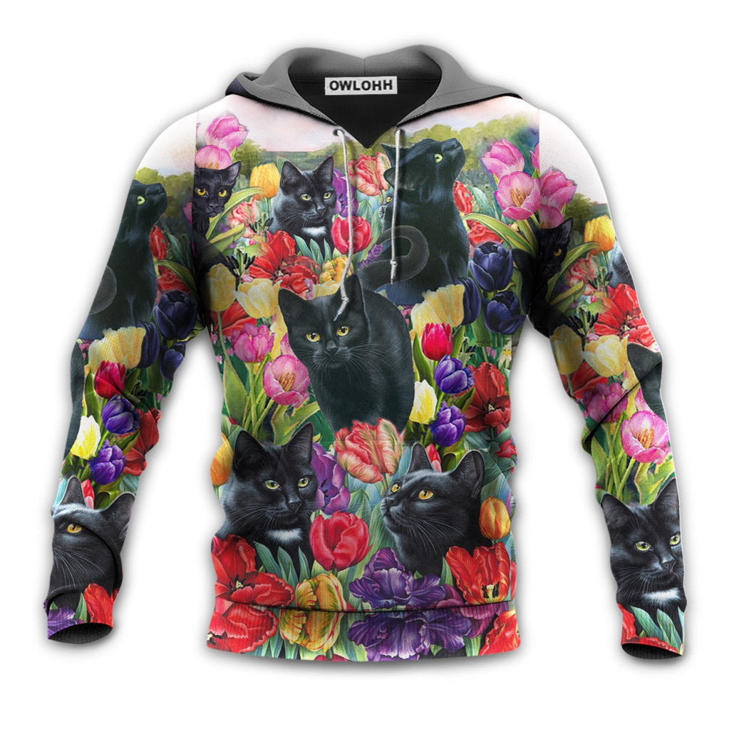 Unisex Hoodie / S Black Cat Love Flowers Colorful - Hoodie - Owls Matrix LTD