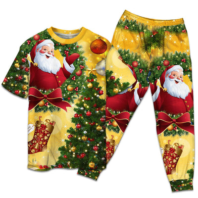 T-shirt + Pants / S Christmas Tree Yellow Santa Claus - Pajamas Short Sleeve - Owls Matrix LTD