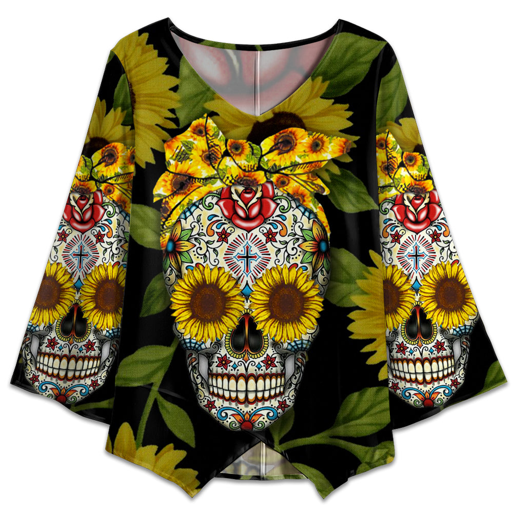 S Sugar Skull Sunflower Pattern Style - V-neck T-shirt - Owls Matrix LTD