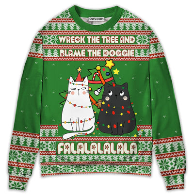 Sweater / S Cat Wreck The Tree Meowy Christmas - Sweater - Ugly Christmas Sweaters - Owls Matrix LTD