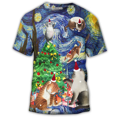 S Christmas Cat Playing In Starry Night - Round Neck T-shirt - Owls Matrix LTD