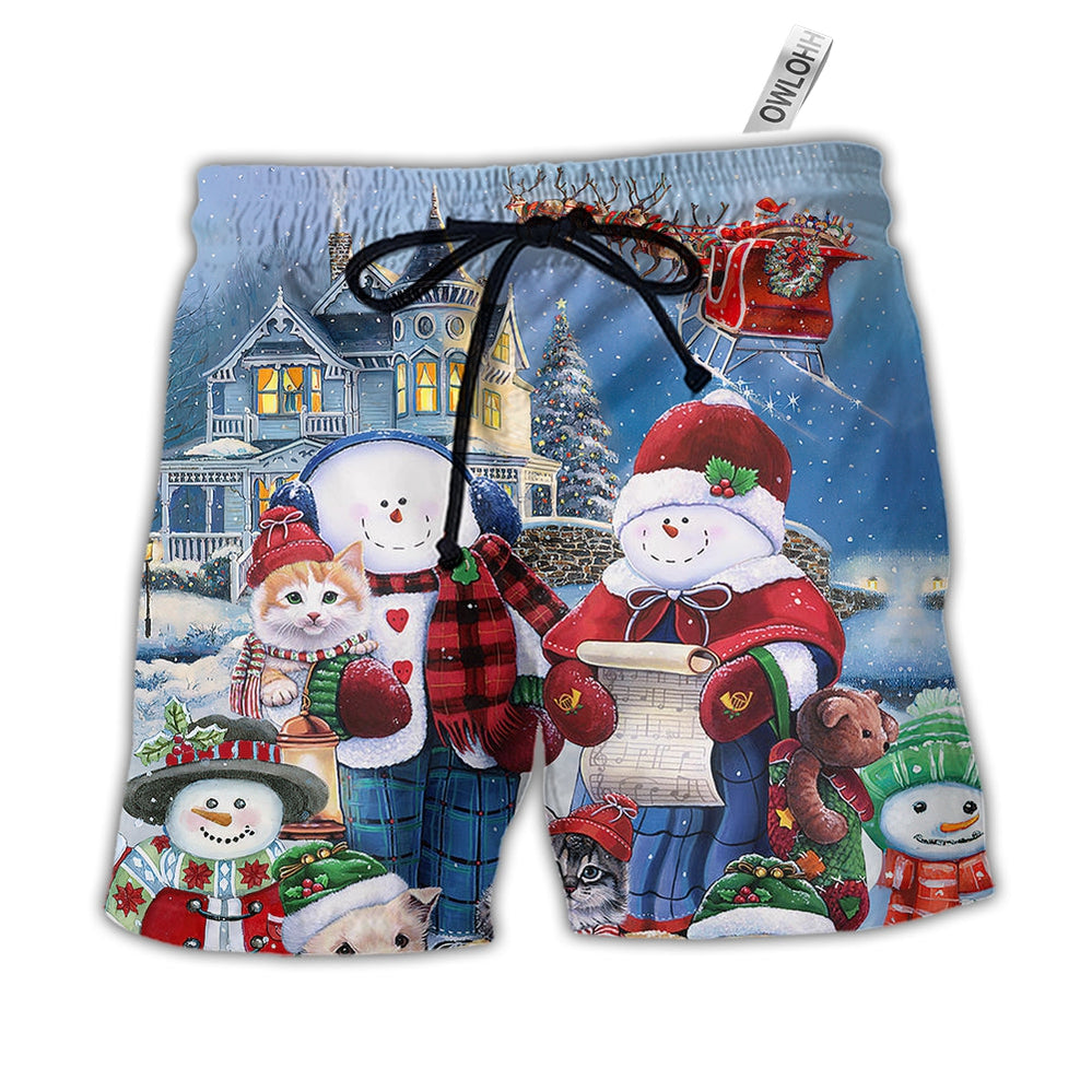 Beach Short / Adults / S Christmas Family In Love Snowman So Happy Xmas Art Style - Beach Short - Owls Matrix LTD
