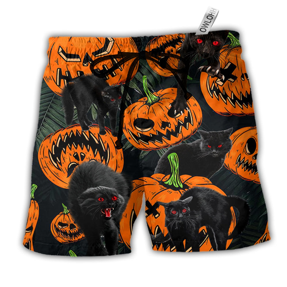 Beach Short / Adults / S Halloween Black Cat Pumpkin Scary Tropical - Beach Short - Owls Matrix LTD