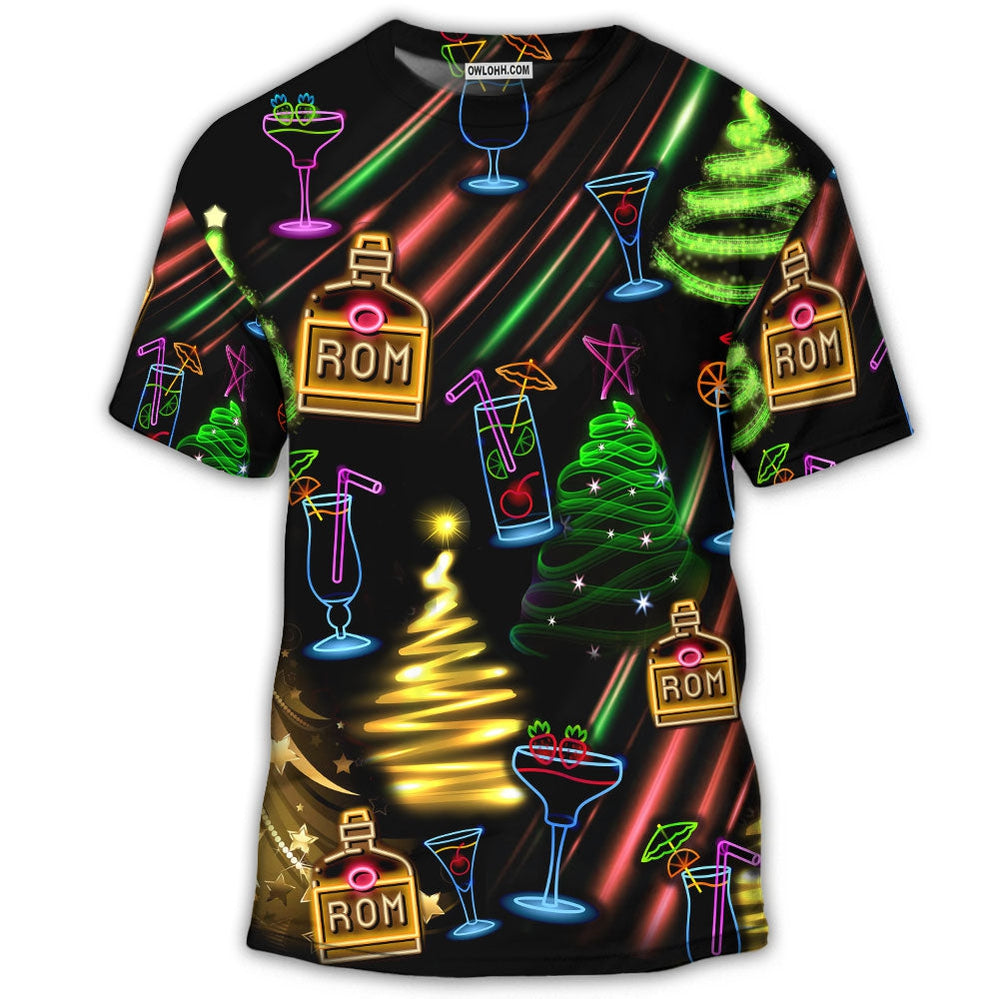 S Wine Rum Christmas Neon Art Drinking - Round Neck T-shirt - Owls Matrix LTD