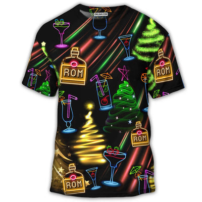S Wine Rum Christmas Neon Art Drinking - Round Neck T-shirt - Owls Matrix LTD