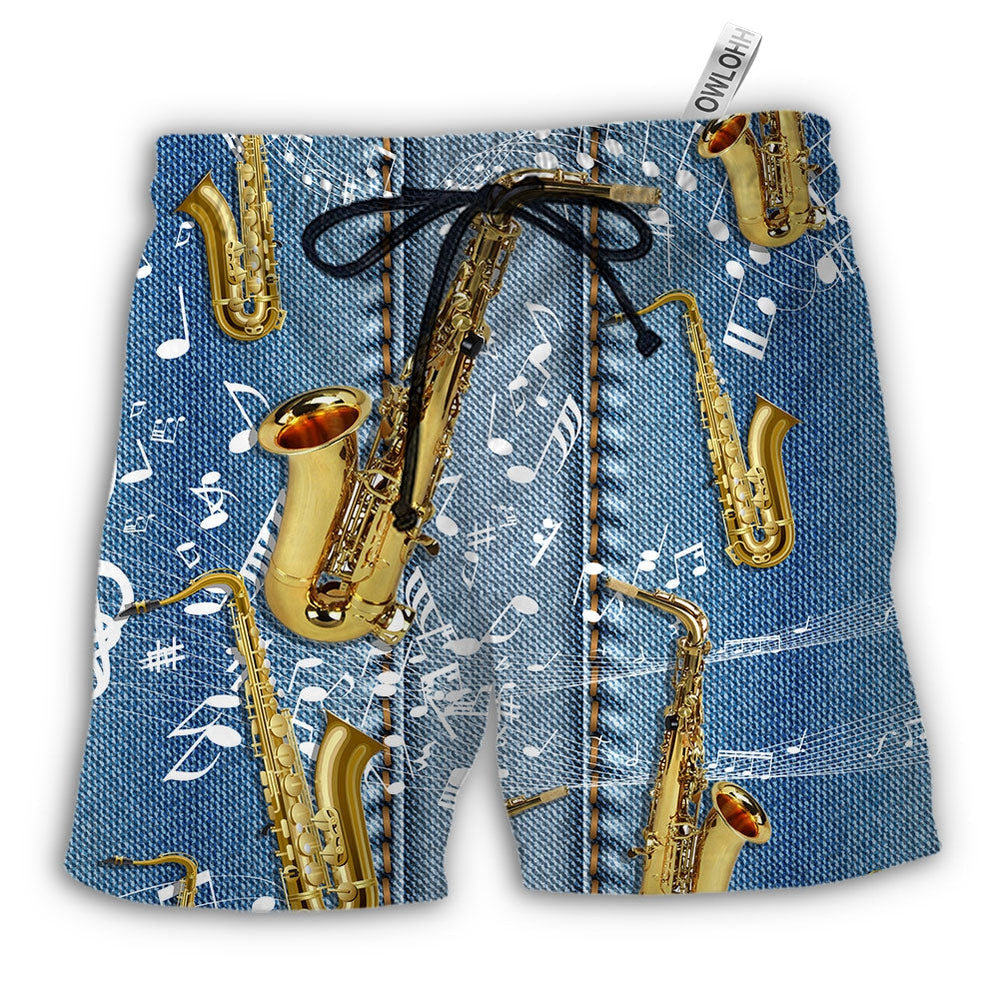 Beach Short / Adults / S Saxophone Jeans Art Music Note - Beach Short - Owls Matrix LTD