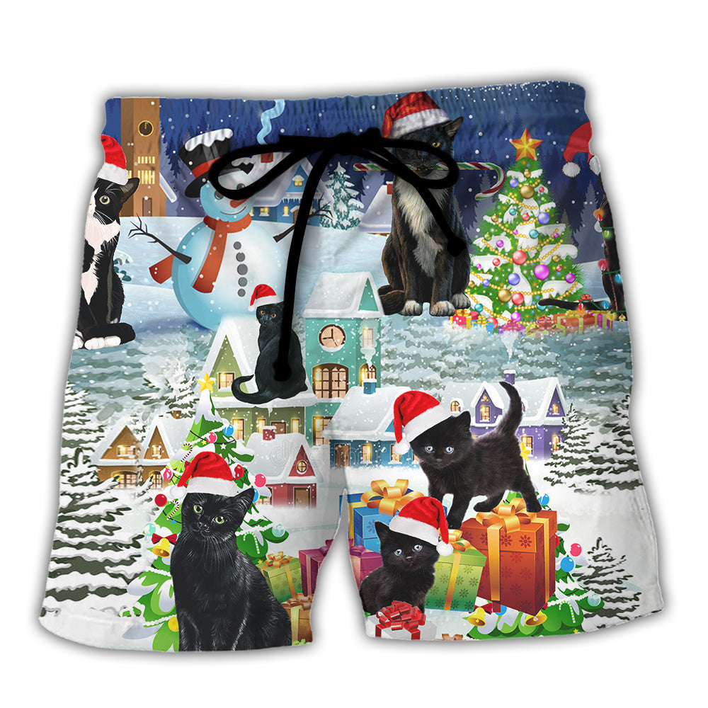 Black Cat Merry Catmas - Beach Short - Owls Matrix LTD