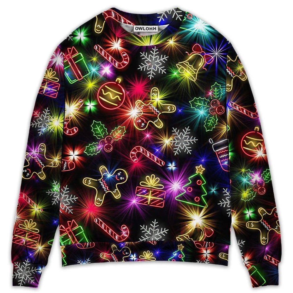 Sweater / S Christmas With Tree And Gift Cookies Gingerbread Man Neon Style New - Sweater - Ugly Christmas Sweaters - Owls Matrix LTD