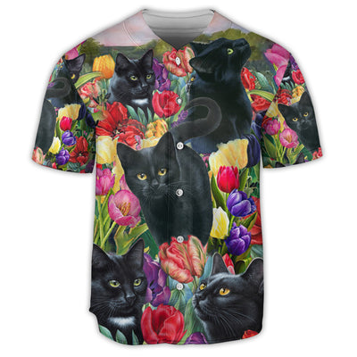 S Black Cat Love Flowers Colorfull - Baseball Jersey - Owls Matrix LTD