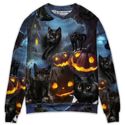 Sweater / S Halloween Black Cat Dark Night Style - Sweater - Ugly Christmas Sweaters - Owls Matrix LTD