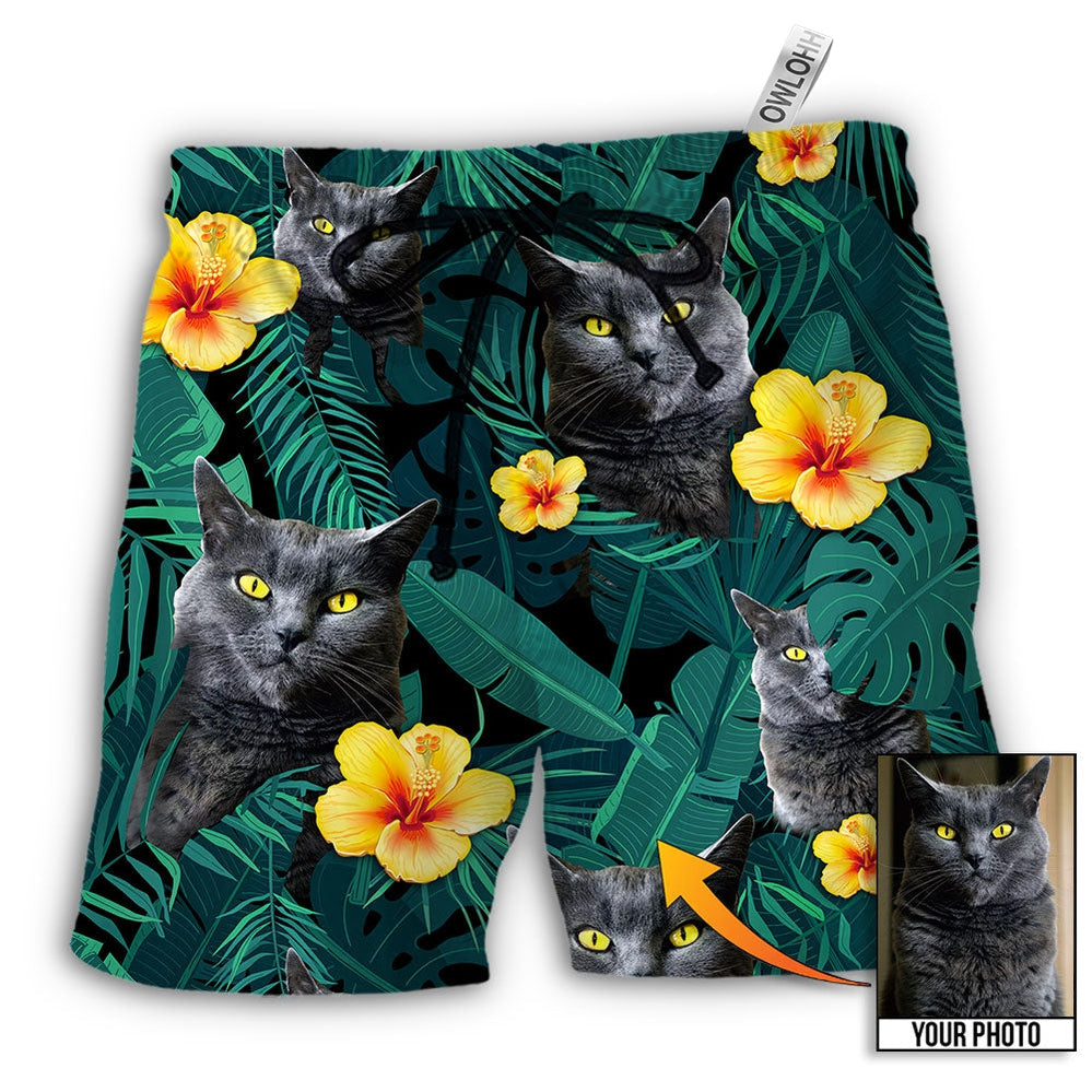 Beach Short / Adults / S Black Cat Green Tropical Custom Photo - Beach Short - Owls Matrix LTD