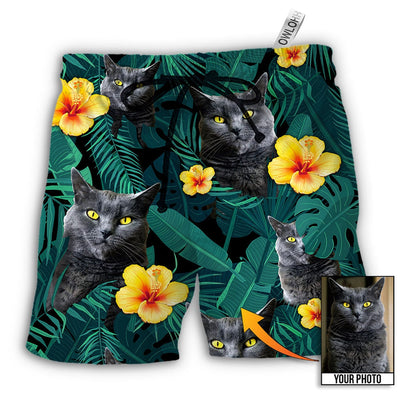 Beach Short / Adults / S Black Cat Green Tropical Custom Photo - Beach Short - Owls Matrix LTD