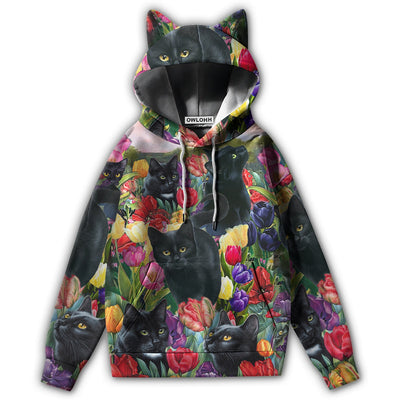 S Black Cat Love Flowers Color - Ears Hoodie - Owls Matrix LTD