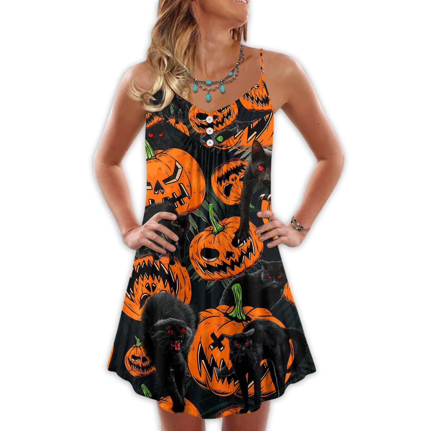 Halloween Black Cat Pumpkin Scary Tropical - V-neck Sleeveless Cami Dress - Owls Matrix LTD
