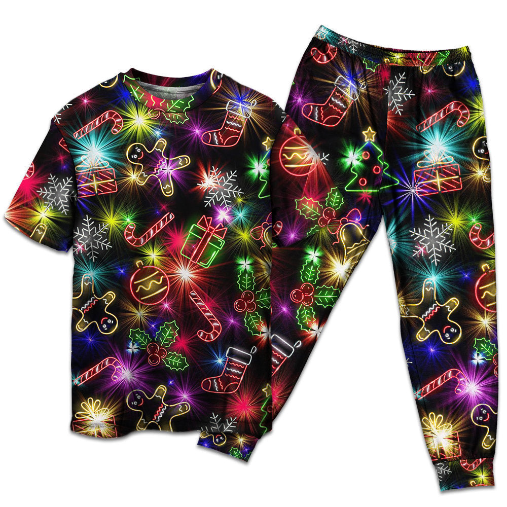 T-shirt + Pants / S Christmas With Tree And Gift Cookies Gingerbread Man Neon Style - Pajamas Short Sleeve - Owls Matrix LTD
