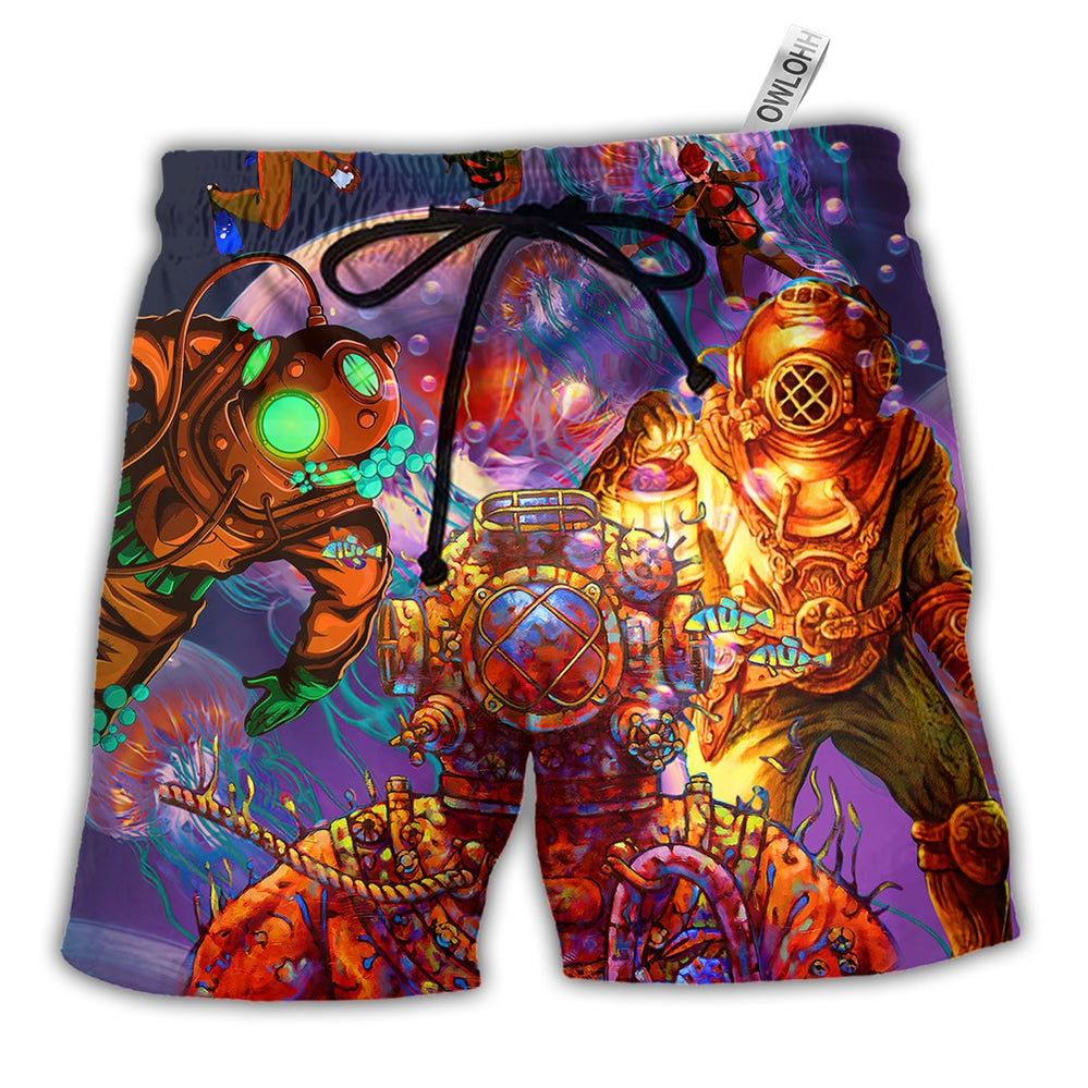 Beach Short / Adults / S Diving With Big Jellyfishes In Fantasy Under Sea - Beach Short - Owls Matrix LTD