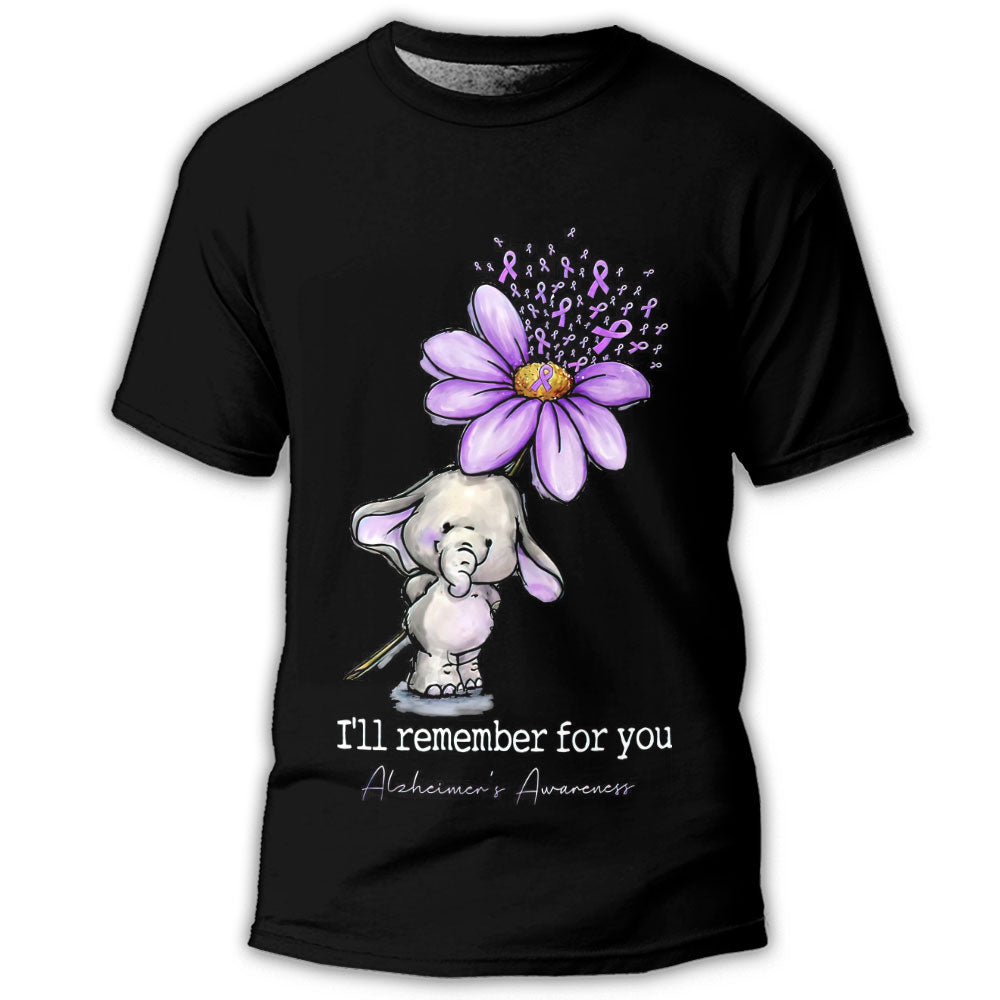 S Alzheimer's Awareness I'll Remember For You Elephant - Round Neck T-shirt - Owls Matrix LTD