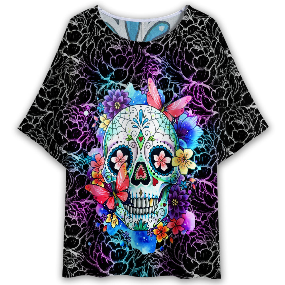 S Sugar Skull Flower Pattern - Women's T-shirt With Bat Sleeve - Owls Matrix LTD