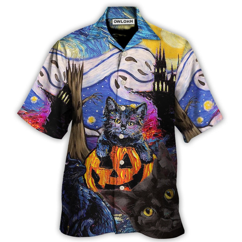 Hawaiian Shirt / Adults / S Halloween Black Cat Starry Night Funny Cat Painting Art Style - Hawaiian Shirt - Owls Matrix LTD
