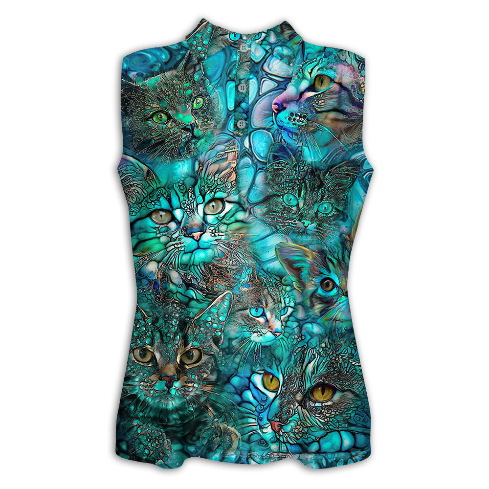 XS Cat Blue Art Lover Cat Colorful Style - Women's Polo Shirt - Owls Matrix LTD