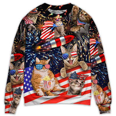 Sweater / S Cat Independence Day Happy Firework - Sweater - Ugly Christmas Sweaters - Owls Matrix LTD