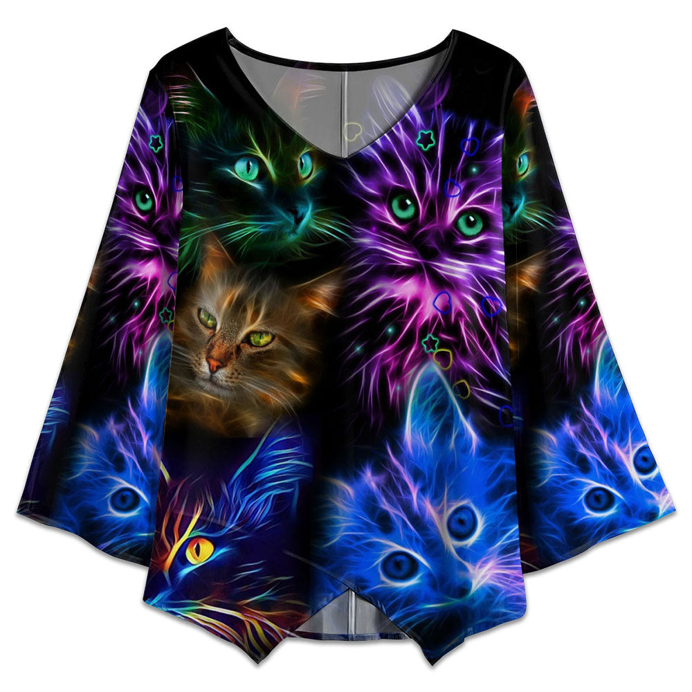 S Cat Neon Cats Style - V-neck T-shirt - Owls Matrix LTD