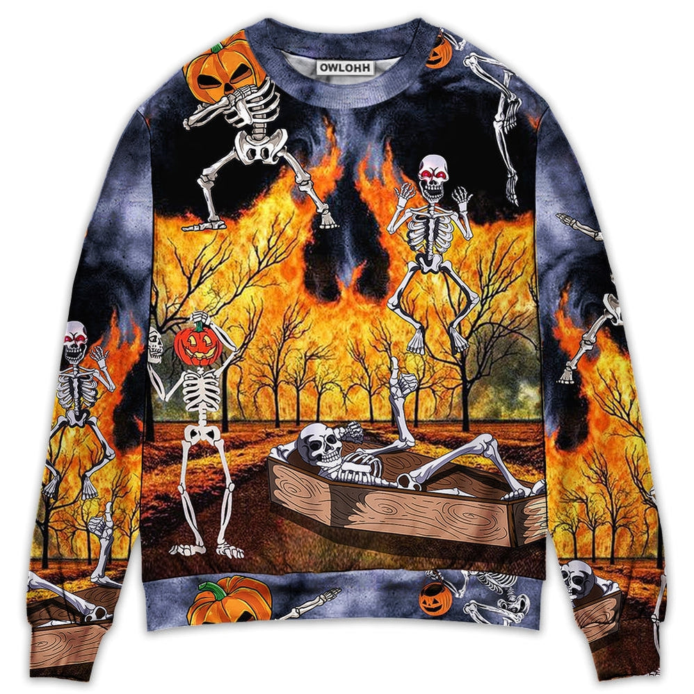 Sweater / S Halloween Skeleton Party Pumpkin Burning Scary - Sweater - Ugly Christmas Sweaters - Owls Matrix LTD