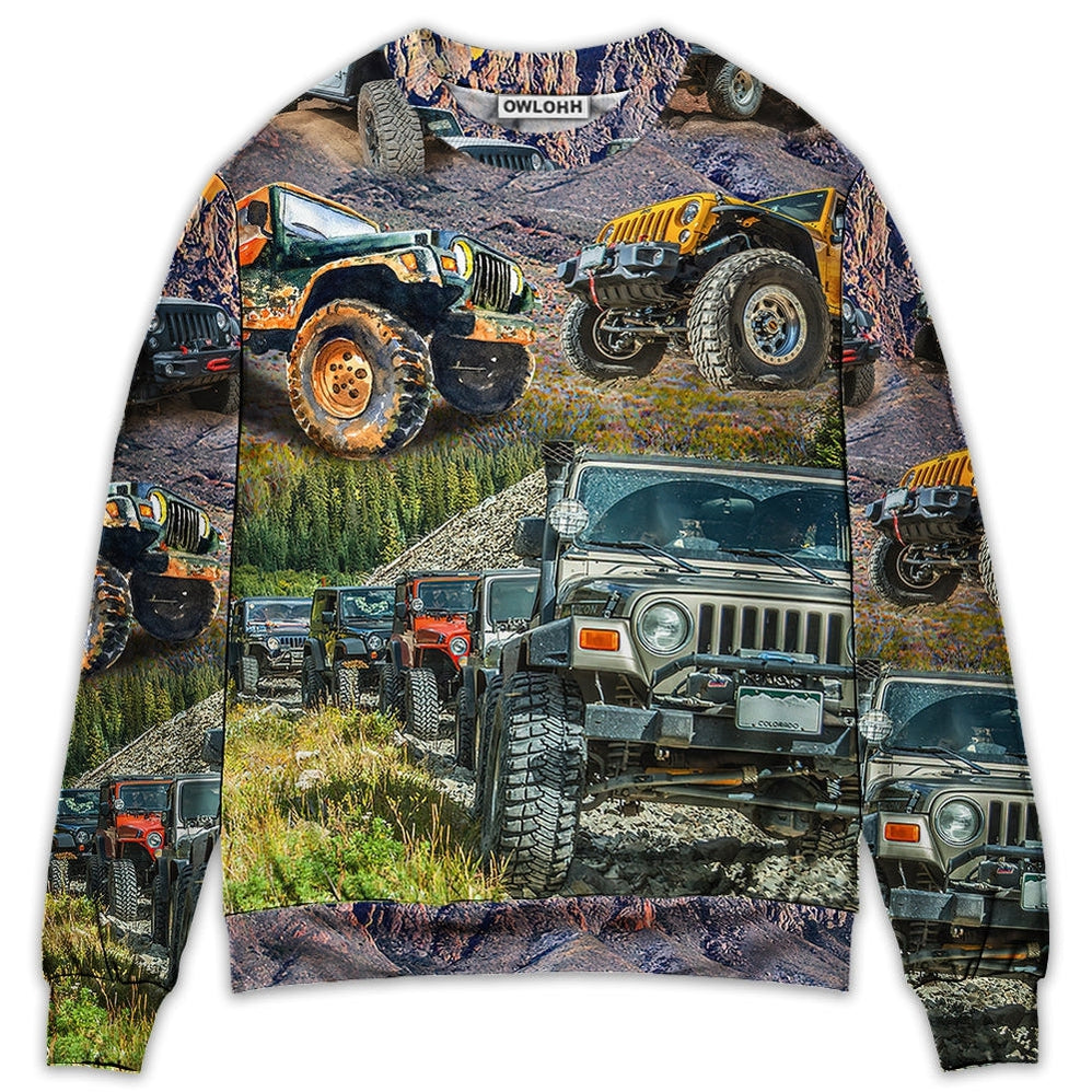 Jeep In The Mountain Sunset Vintage Art Style - Sweater - Ugly Christmas Sweaters - Owls Matrix LTD