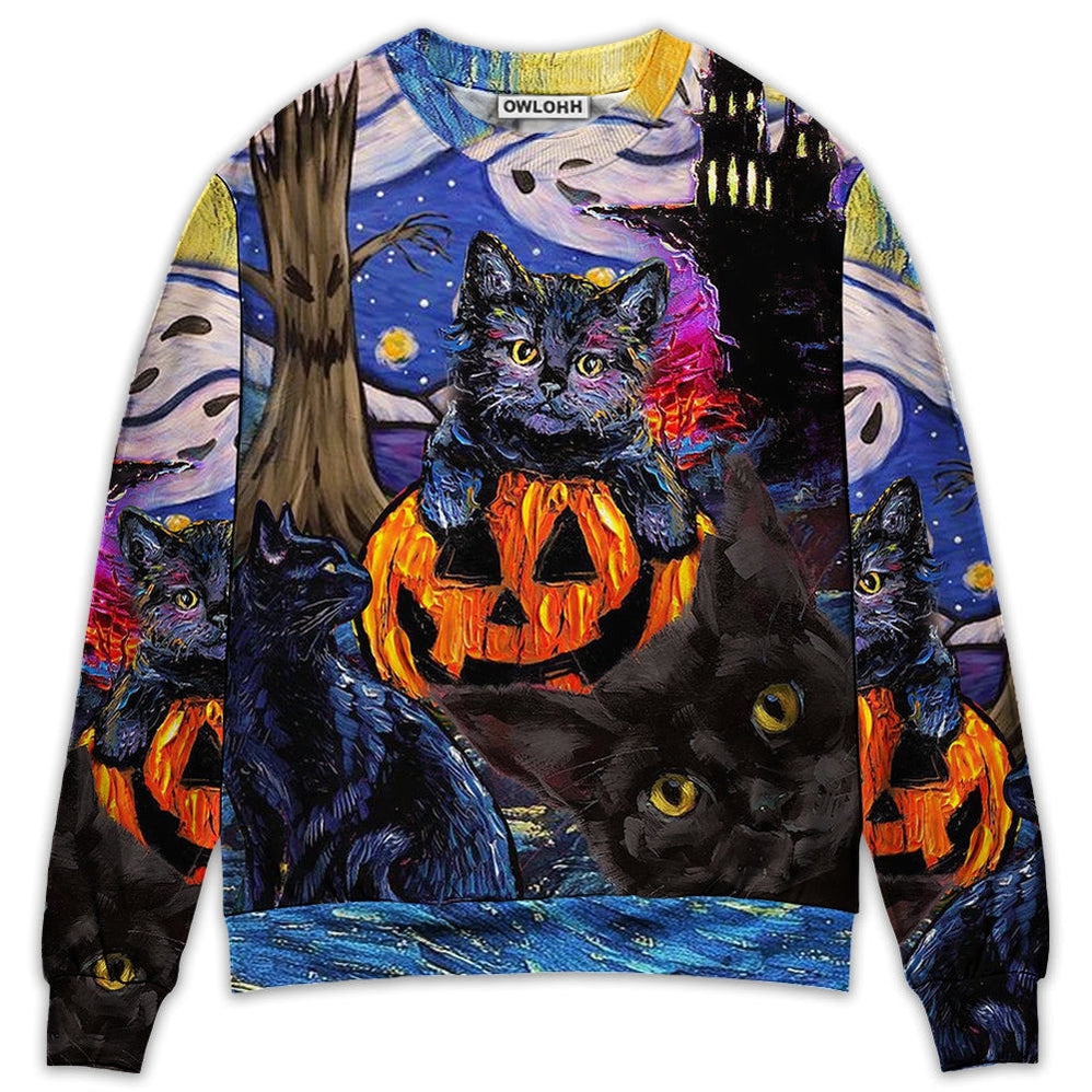 Sweater / S Halloween Black Cat Starry Night Funny Cat Painting Art Style - Sweater - Ugly Christmas Sweaters - Owls Matrix LTD
