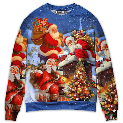 Sweater / S Christmas Up On Rooftop Santa Claus Art Style - Sweater - Ugly Christmas Sweaters - Owls Matrix LTD