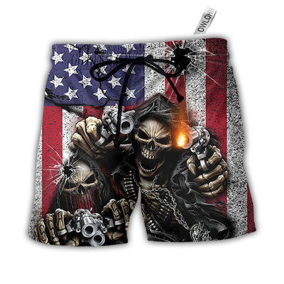 Beach Short / Adults / S Skull Shot Gun American Flag Vintage - Beach Short - Owls Matrix LTD