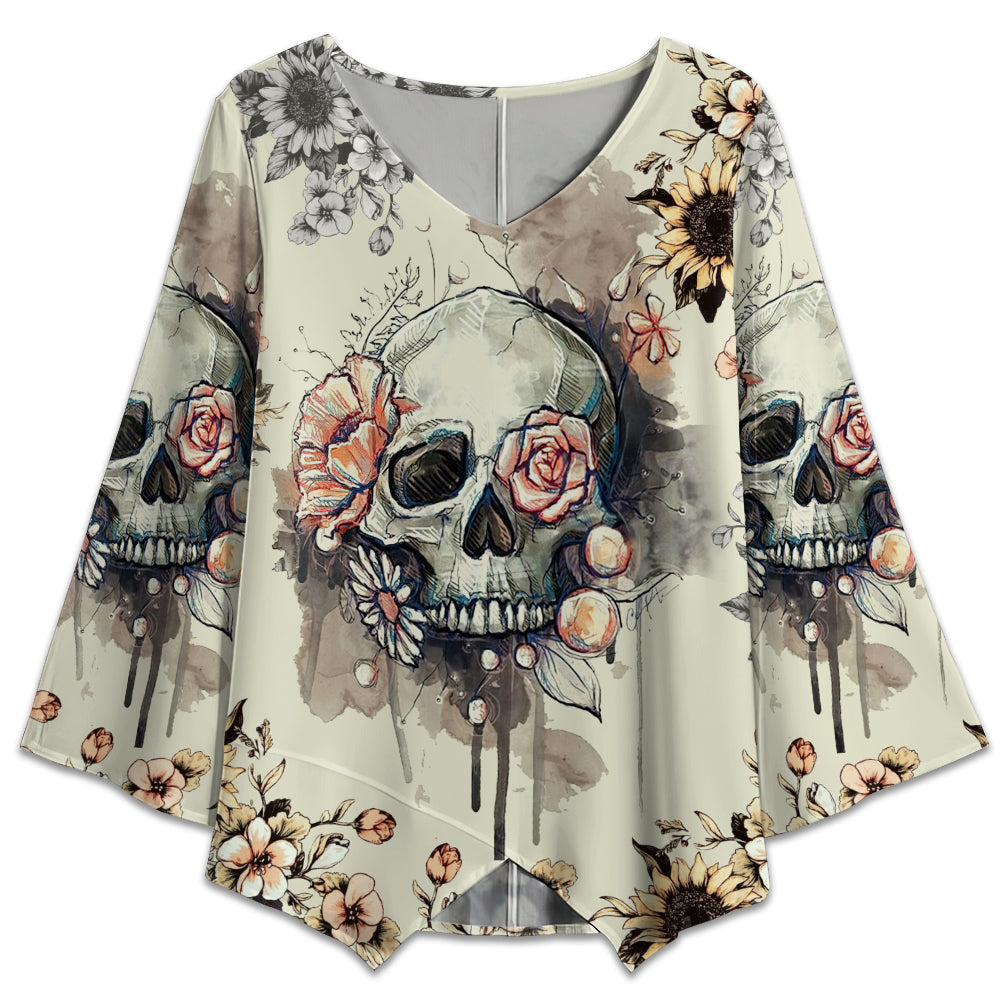 S Skull Vintage Flower Style - V-neck T-shirt - Owls Matrix LTD