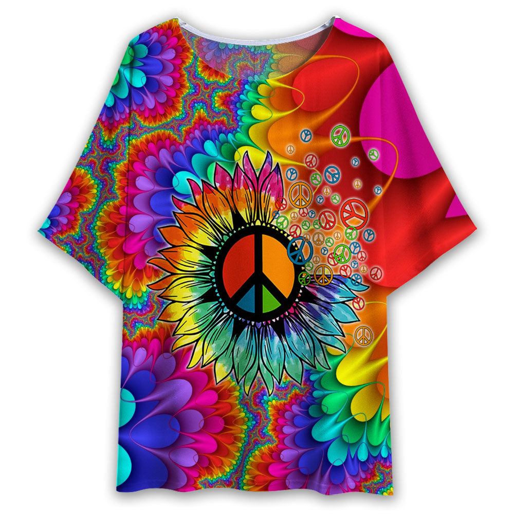 S Hippie Peace Sunflower Art - Women's T-shirt With Bat Sleeve - Owls Matrix LTD