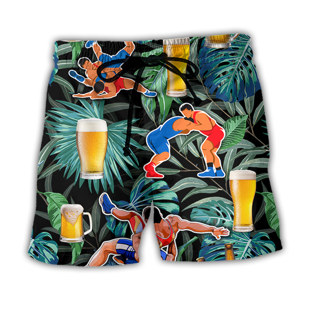Beach Short / Adults / S Beer And Wrestling Tropical Pattern - Beach Short - Owls Matrix LTD